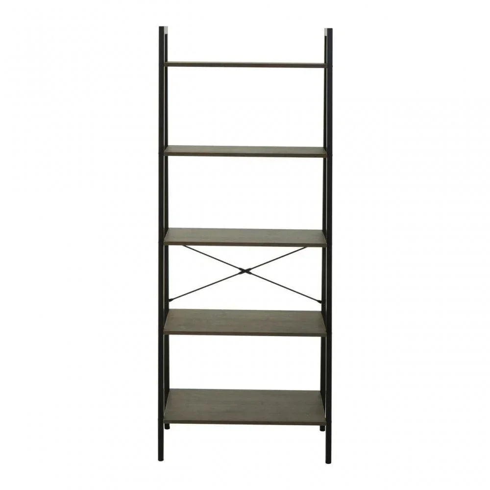 Tall black metal and wood shelving unit with five open shelves and crossbar support