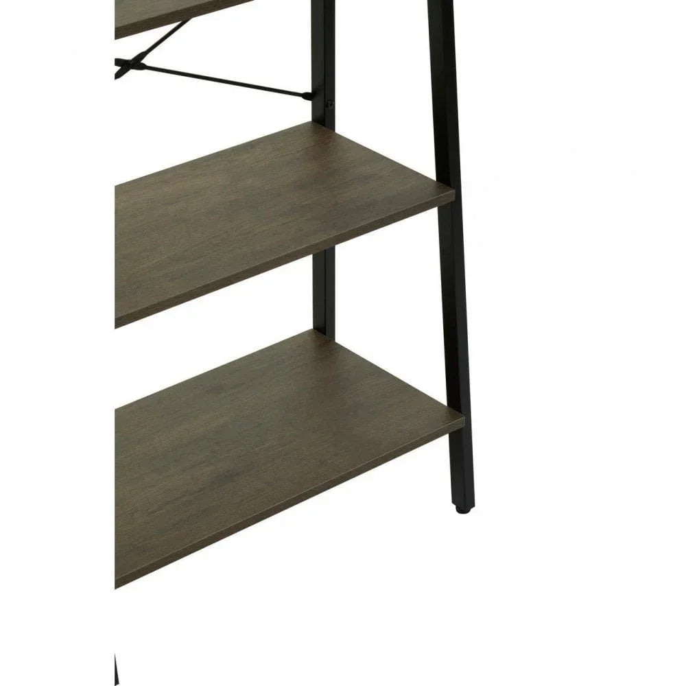 Closeup of wood and metal shelving unit with three shelves and black frame