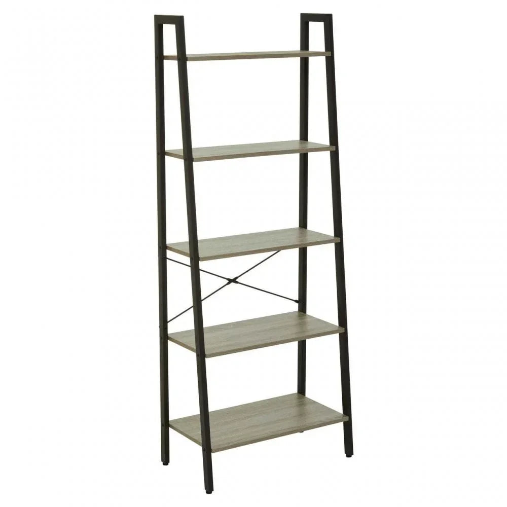 Wooden ladder bookcase with black metal frame and five shelves