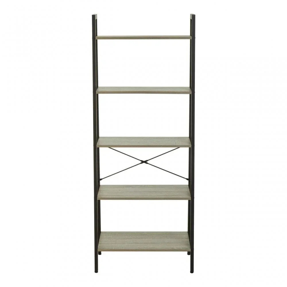 Tall bookshelf with metal frame and five light wood shelves