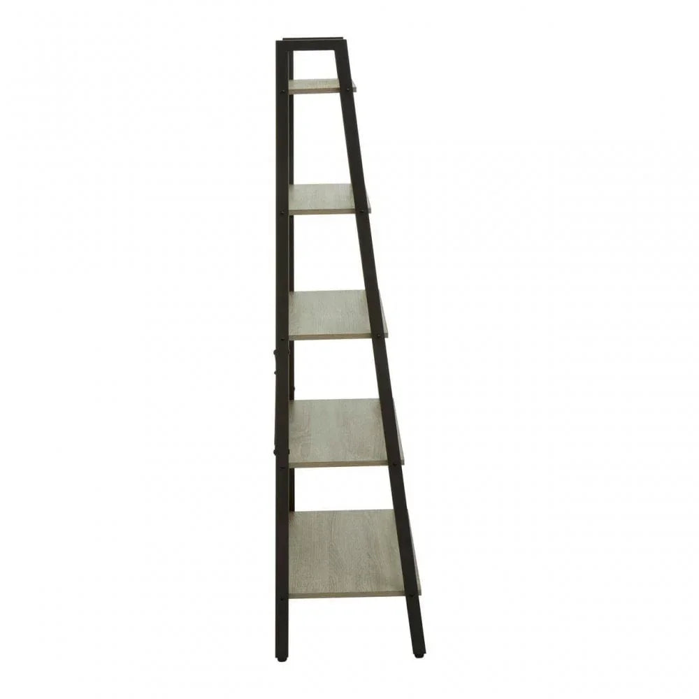 Side view of wooden ladder shelf with black metal frame and four shelves