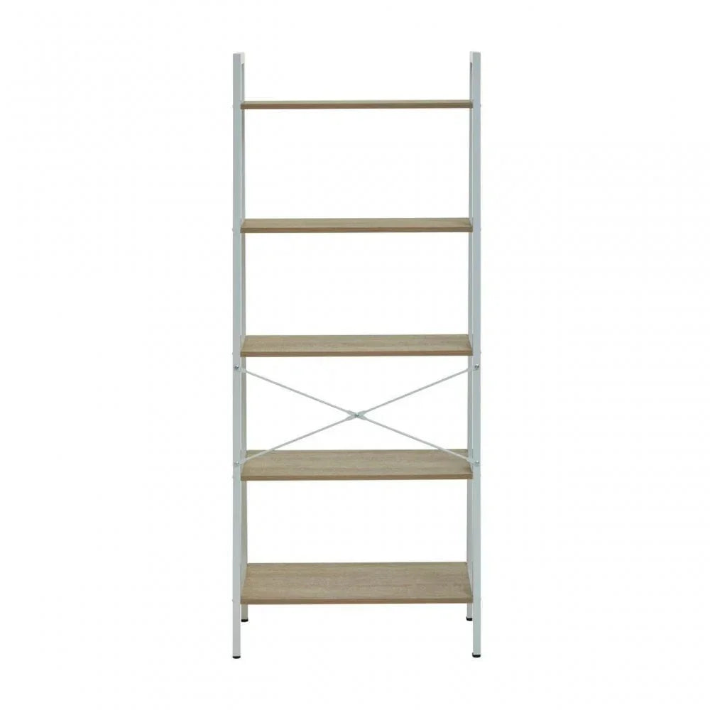 Tall shelving unit with white metal frame and five light wood shelves