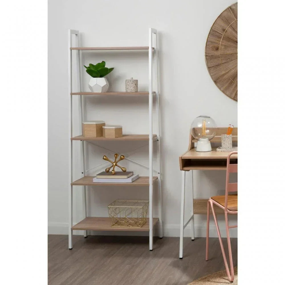Modern wooden shelving unit with white metal frame beside home office desk setup