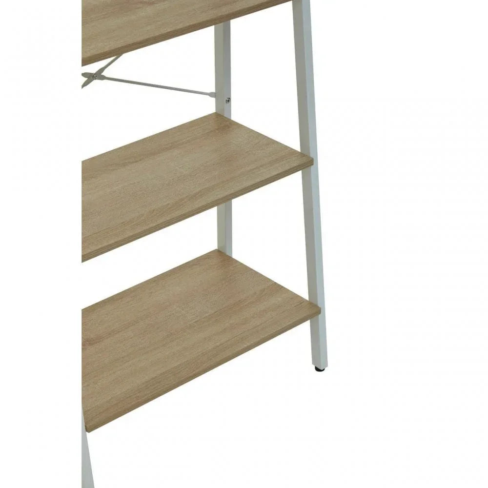 Three-tier wooden shelving unit with white metal frame and light oak shelves