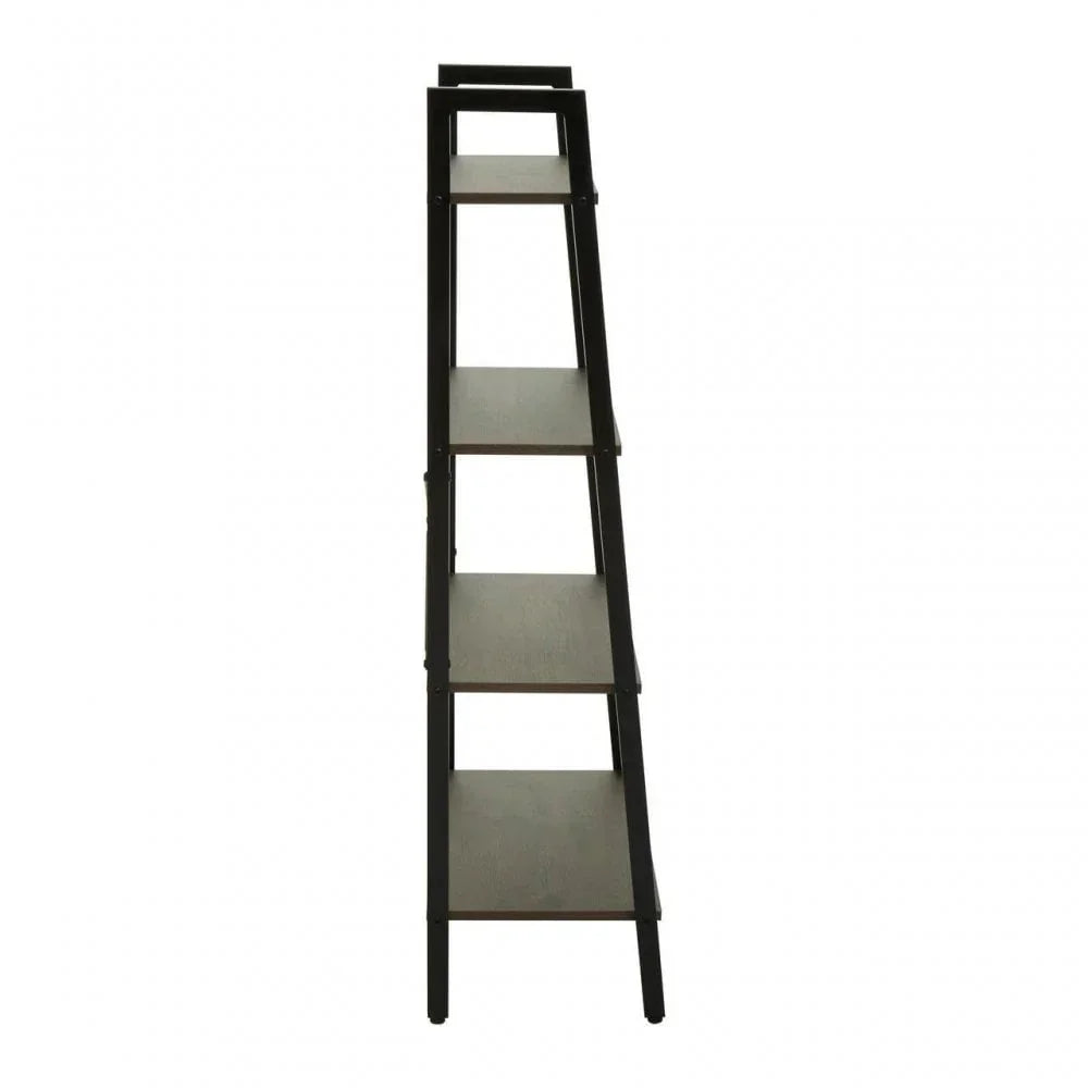 Black wood ladder bookshelf with four shelves, side profile view