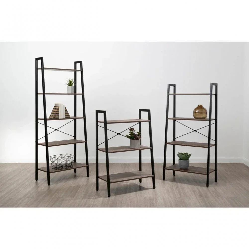 Set of three industrial style shelving units with black metal frames and wooden shelves