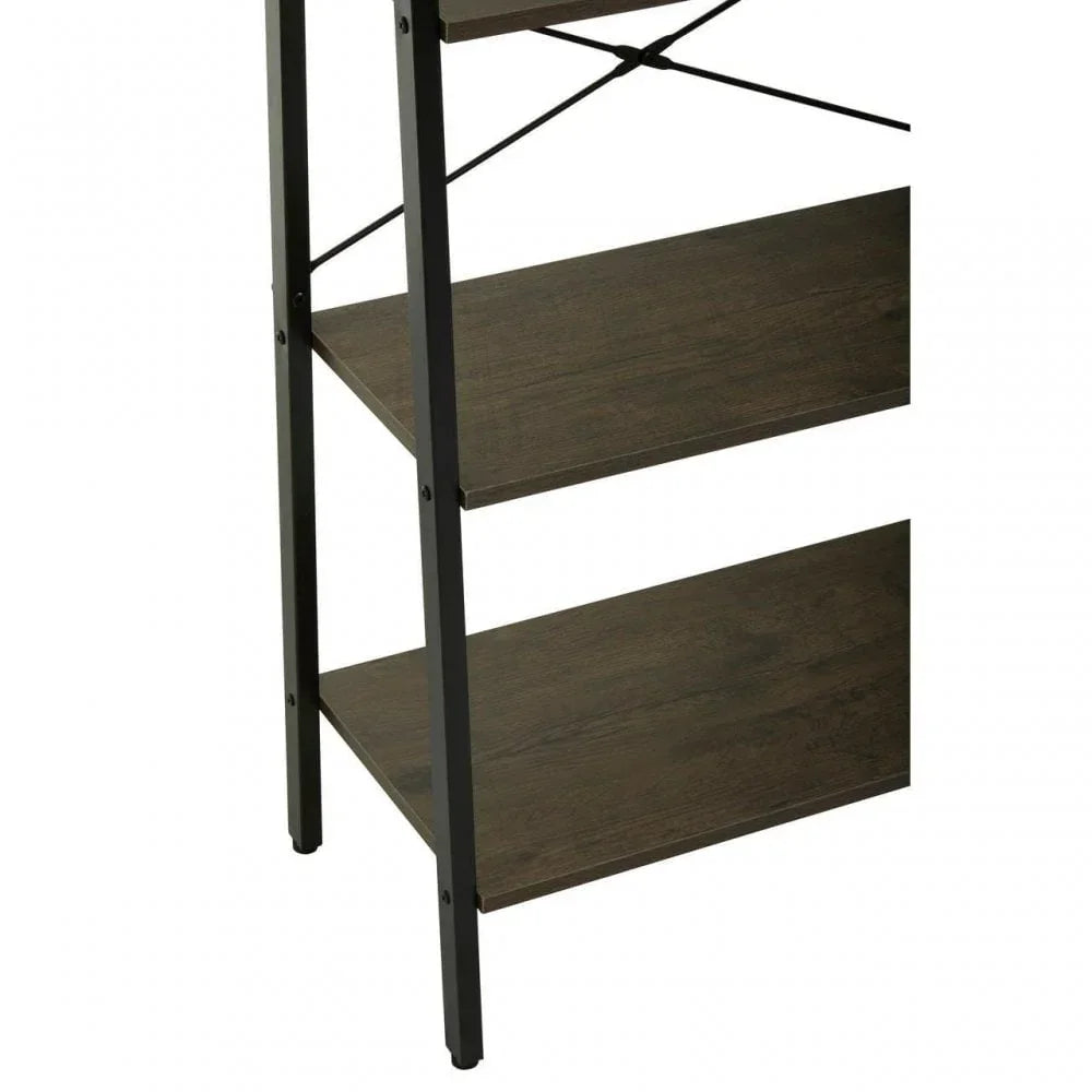 Closeup of dark wood shelving unit with black metal frame and support bars