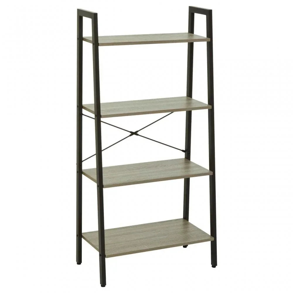 Industrial ladder bookcase with four wooden shelves and black metal frame