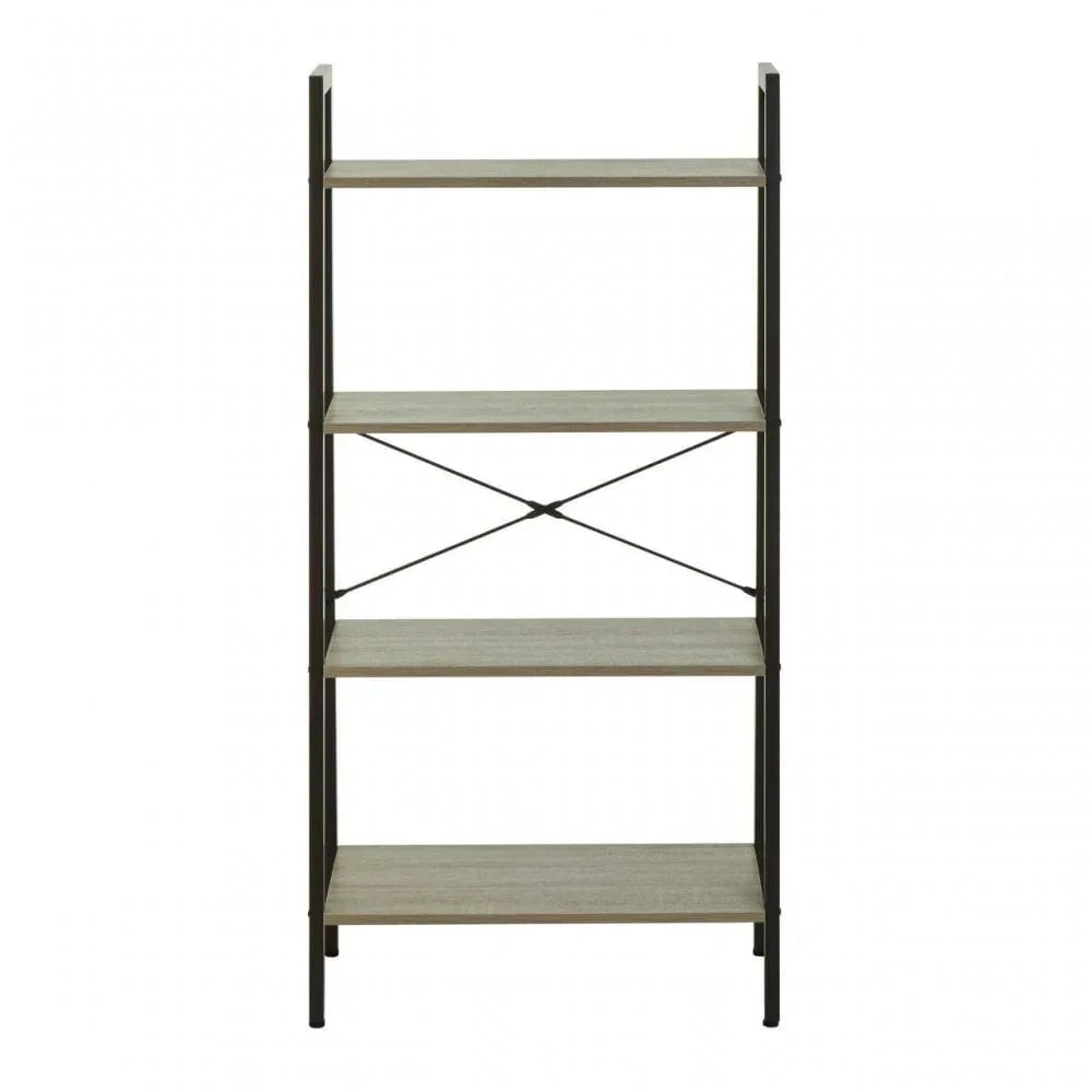 Four tier open bookshelf with black metal frame and light wood shelves