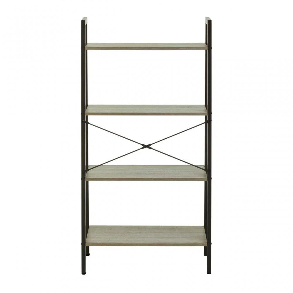 Four tier bookcase with black metal frame and light wood shelves, front view