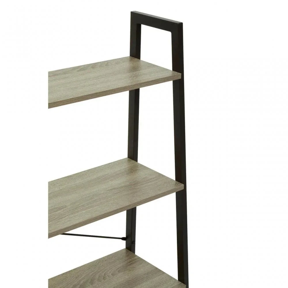 Closeup of wooden shelf unit with black metal frame, modern industrial furniture style