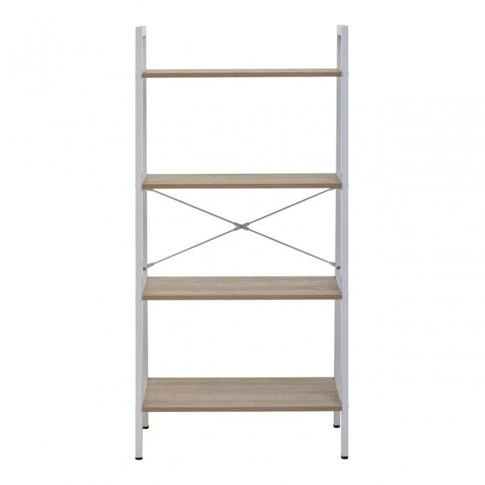 Four tier shelving unit with white metal frame and oak effect shelves, front view