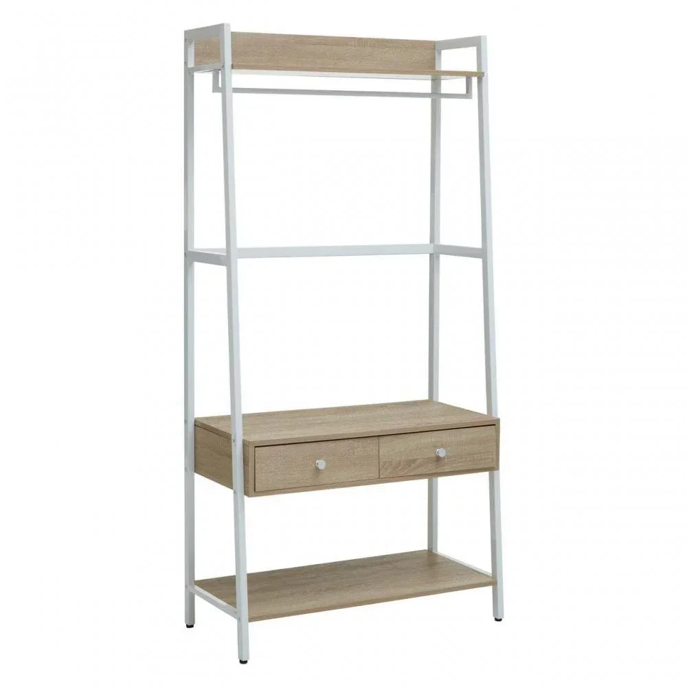 Modern wooden clothes rail with white metal frame, two drawers, open shelf and hanging rail