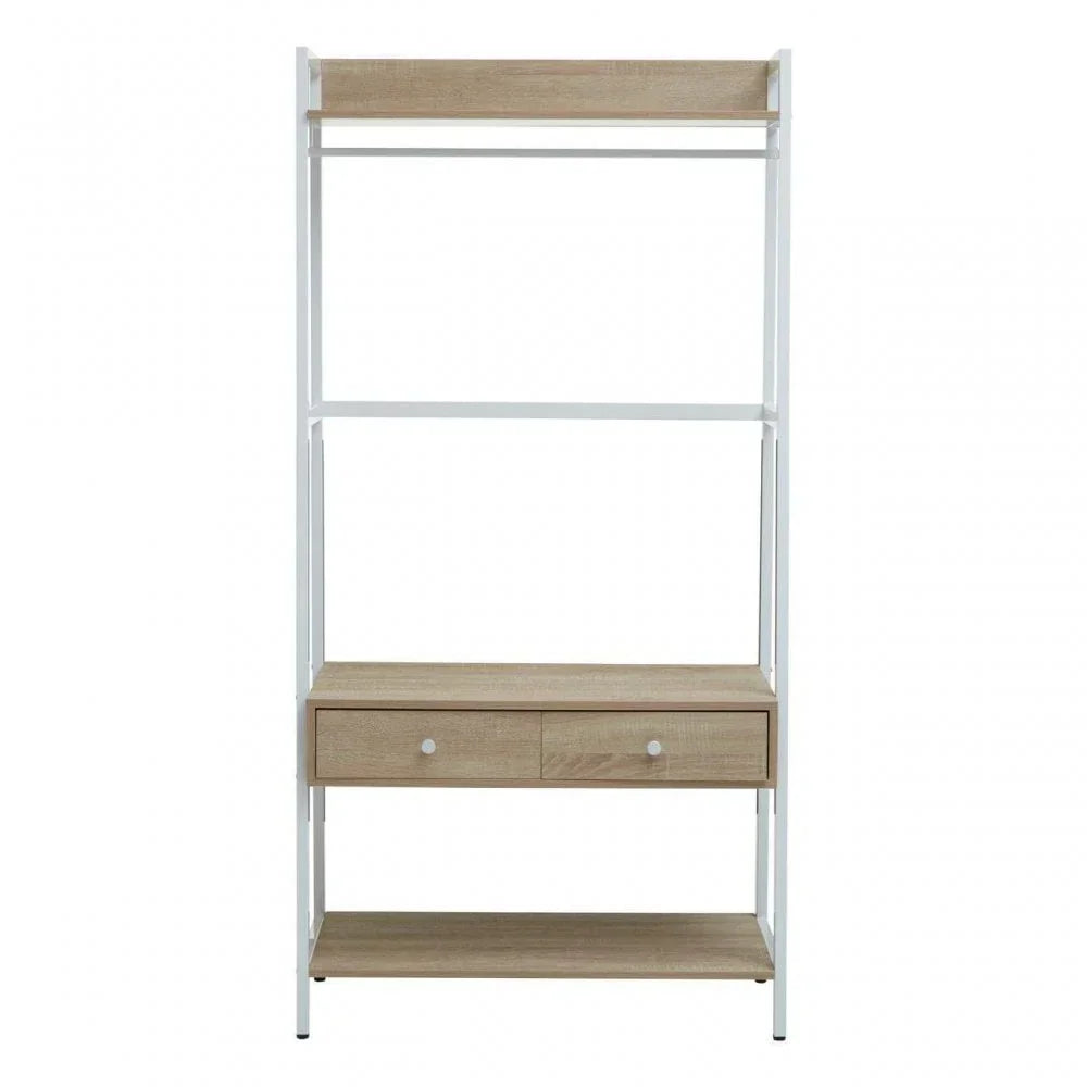 Wood and white metal shelving unit with drawers and open storage shelves