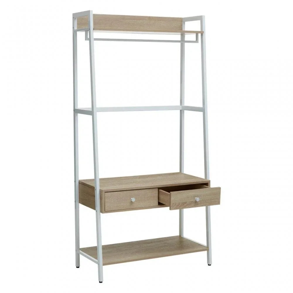 Wooden clothes storage unit with metal frame, two drawers, open shelves and hanging rail