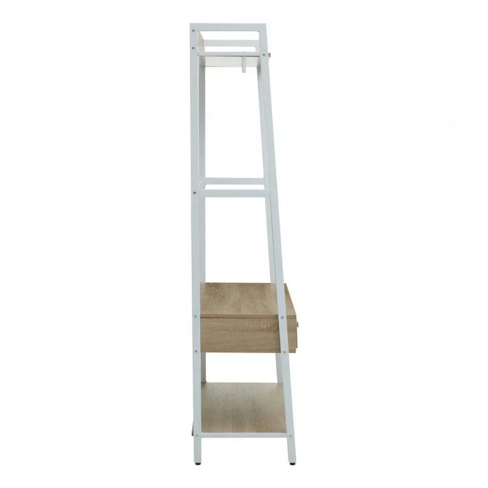 Side view ladder shelf with white metal frame and light wood shelves