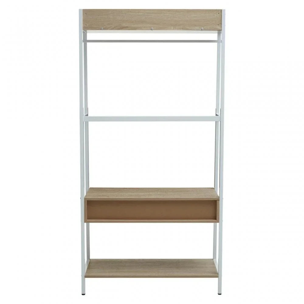 Oak effect shelving unit with white metal frame and single drawer, front view