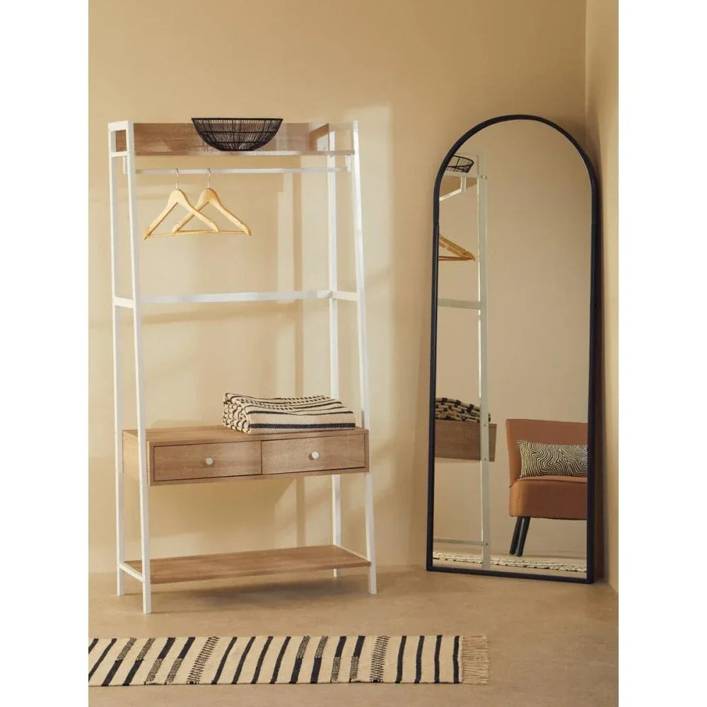 Hallway storage unit with wooden shelves, drawers, hangers and large arched mirror