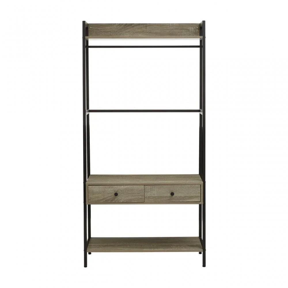 Industrial wardrobe with metal frame, wood shelves, two drawers and hanging rail