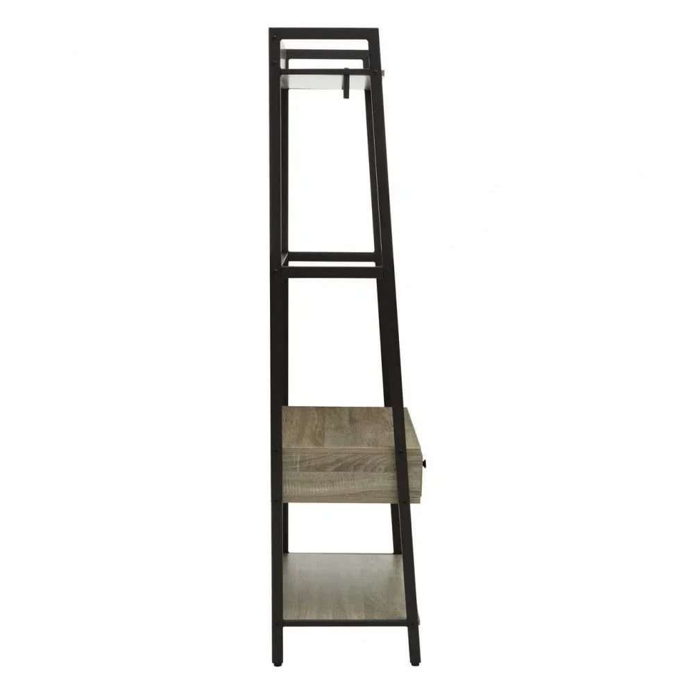 Tall metal and wood shelving unit with open frame and two shelves, side angle view
