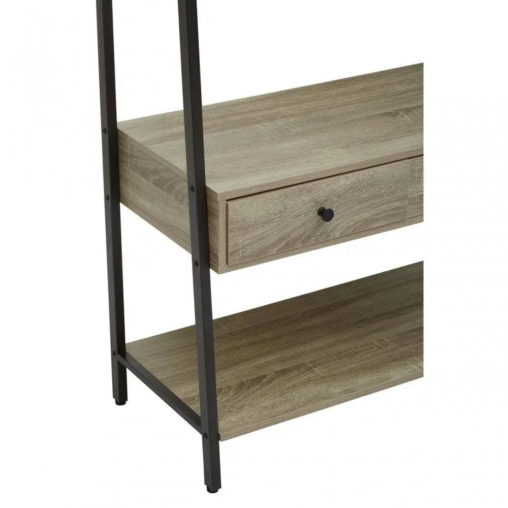 Oak effect shelving unit with black metal frame, drawer and open storage shelves