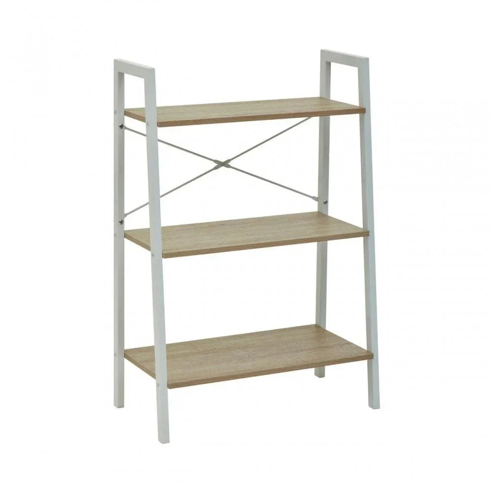 Three tier wooden shelving unit with white metal frame and crossbar support