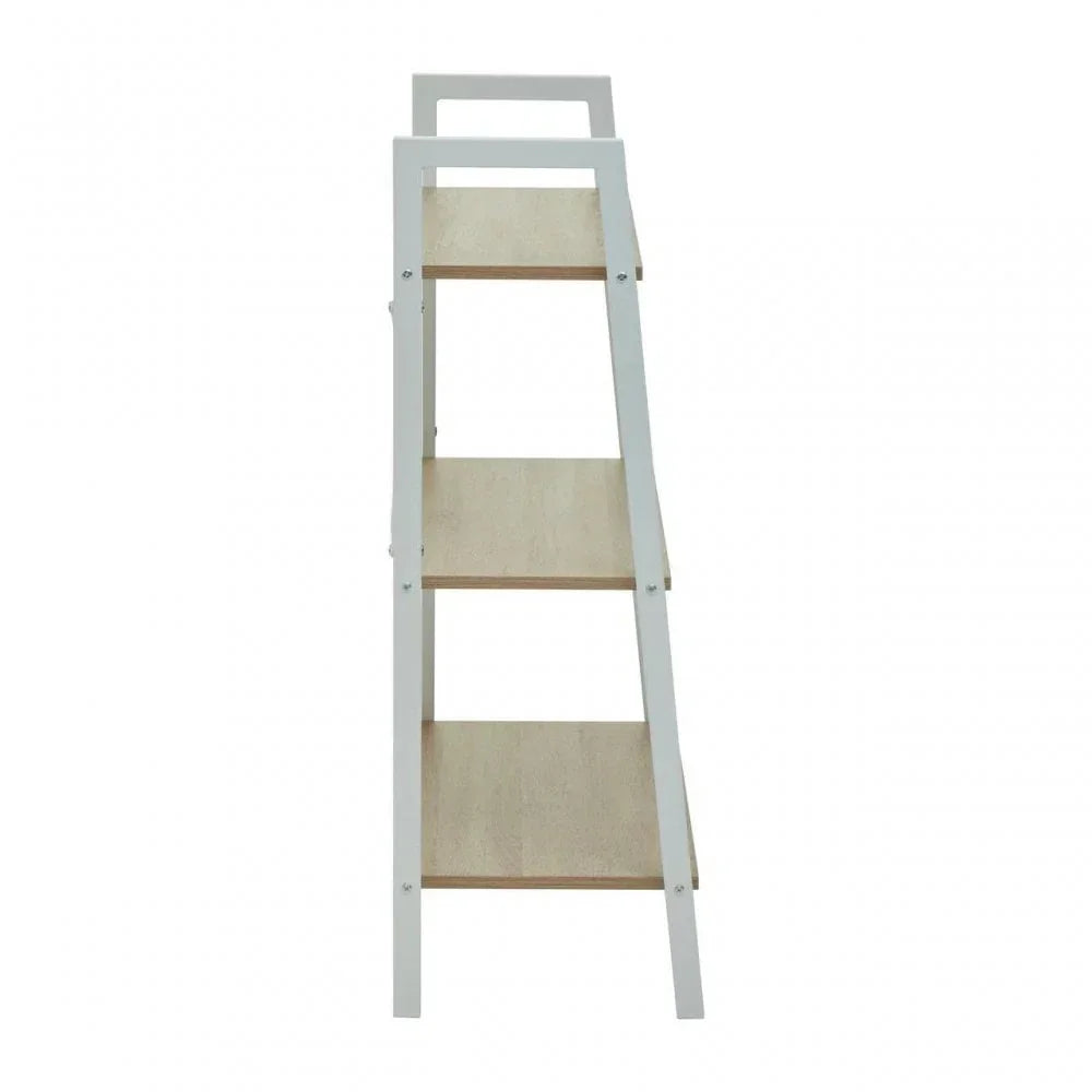 Three tier wooden shelving unit with white frame, side angle view
