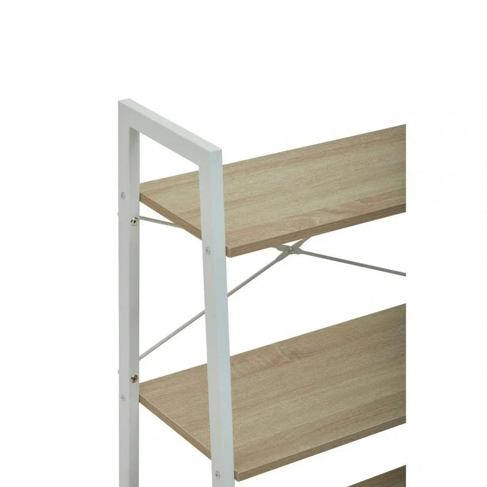 Closeup of wooden shelving unit with white metal frame and three tier shelves