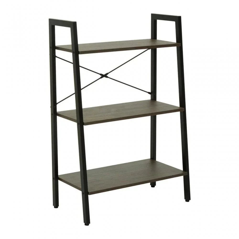 Three tier wooden shelving unit with black metal frame and angled side supports