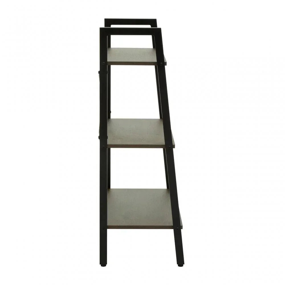 Side view of black metal frame shelving unit with three wooden shelves