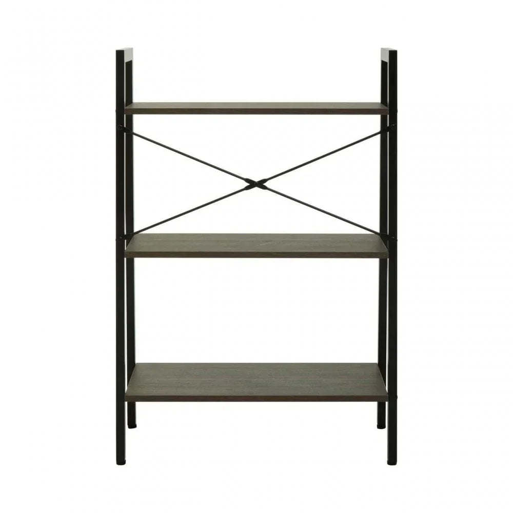 Three tier shelving unit with black metal frame and wood shelves, front view