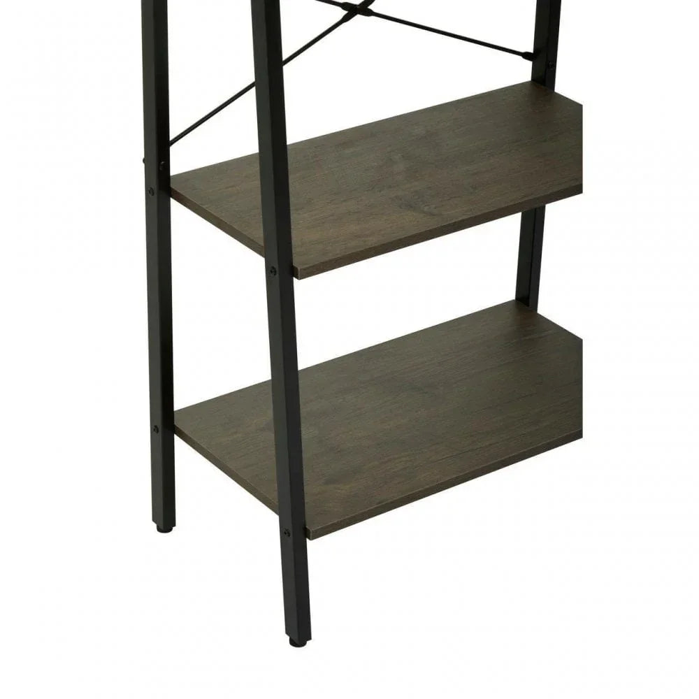 Industrial bookcase closeup with black steel frame and two dark wood shelves