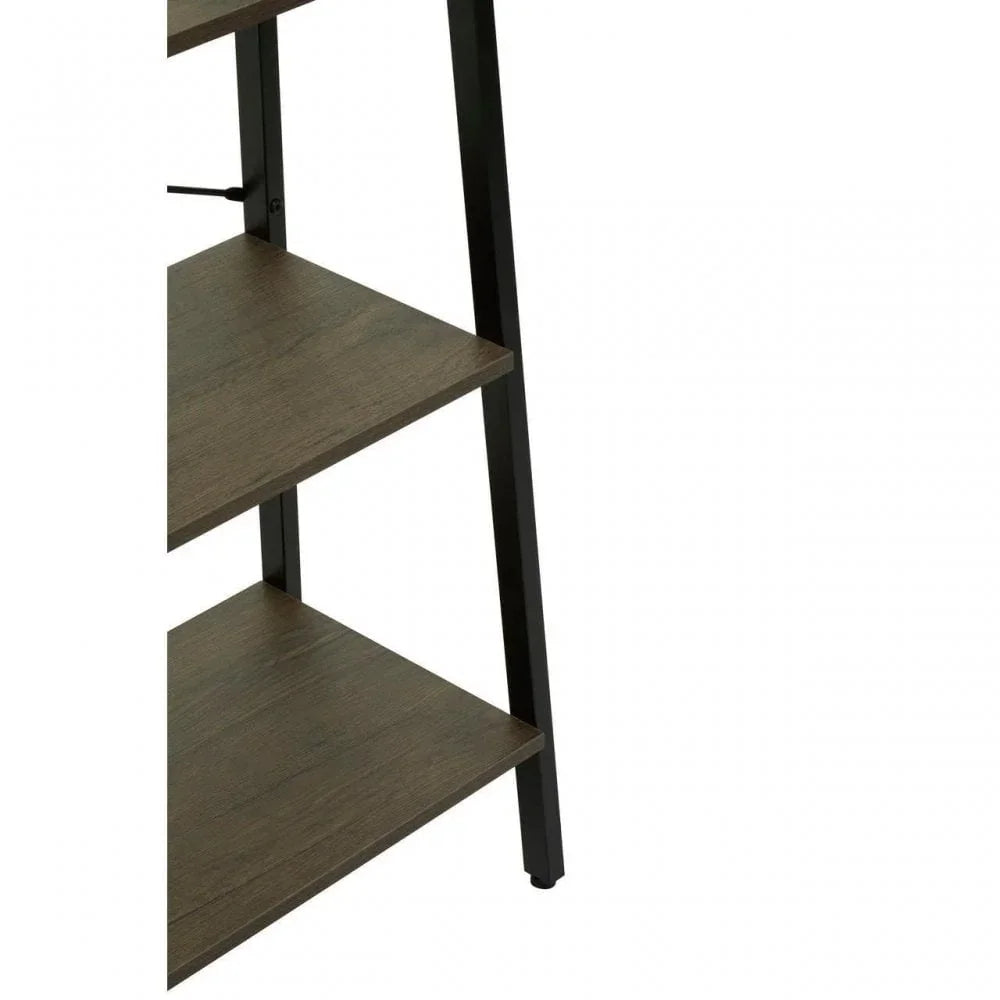 Close up of wooden shelving unit with black metal frame