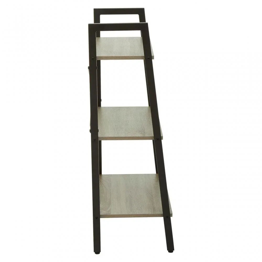 Industrial style ladder bookcase with three wooden shelves and black metal frame, side view