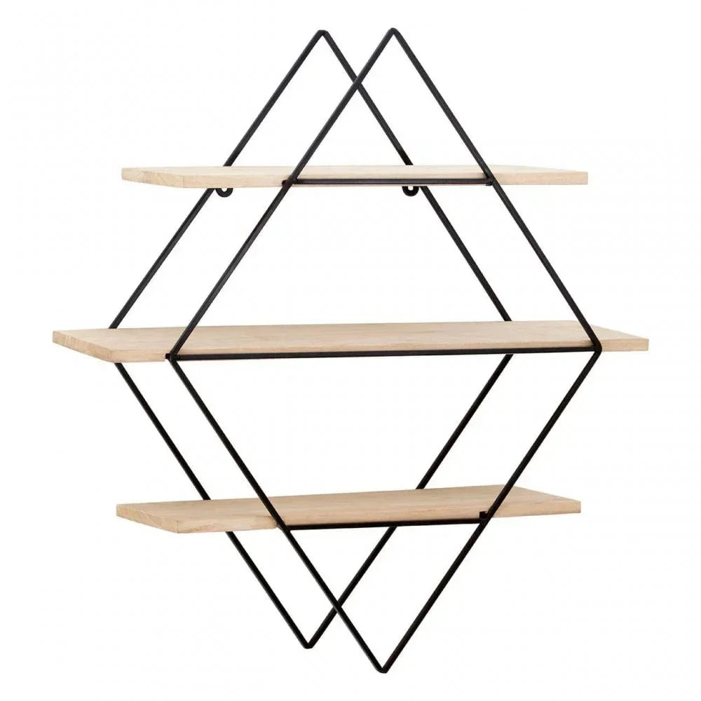 Geometric wall shelf with black metal frame and three light wood shelves