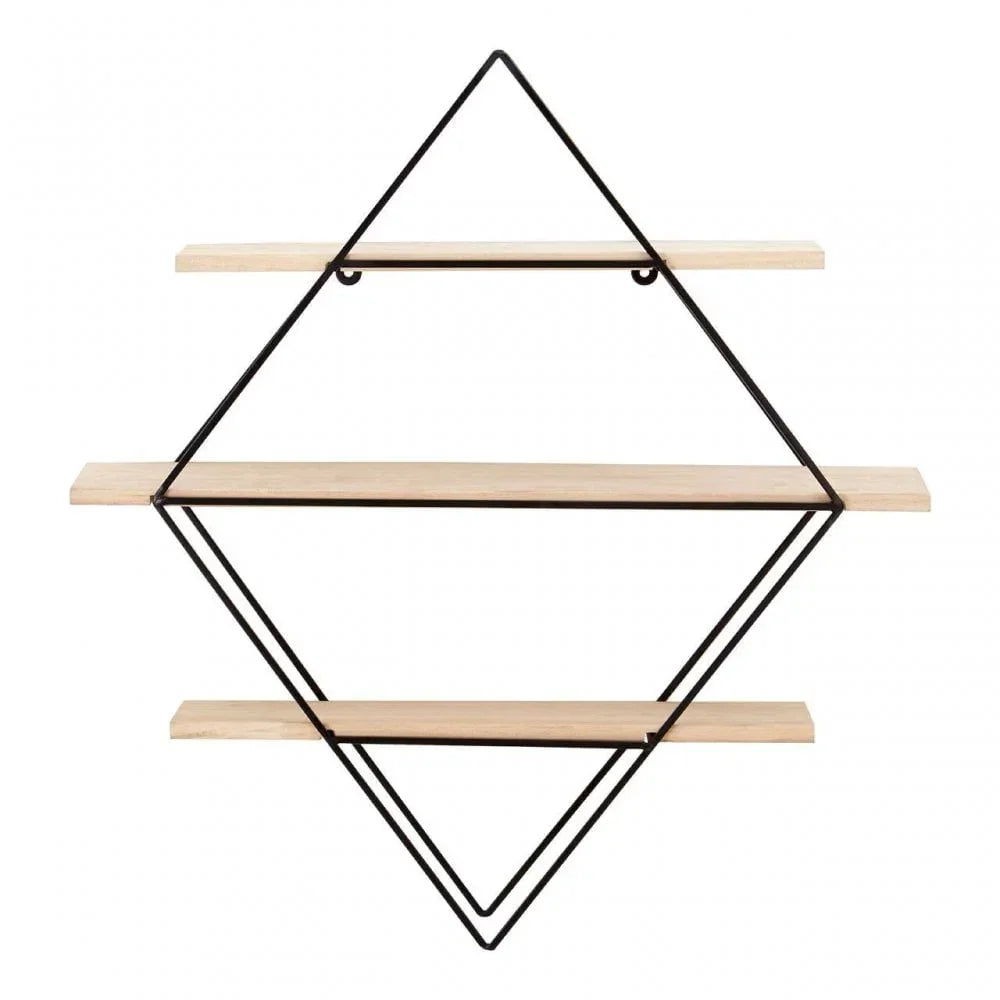 Geometric wall shelf with black metal frame and three light wood display shelves