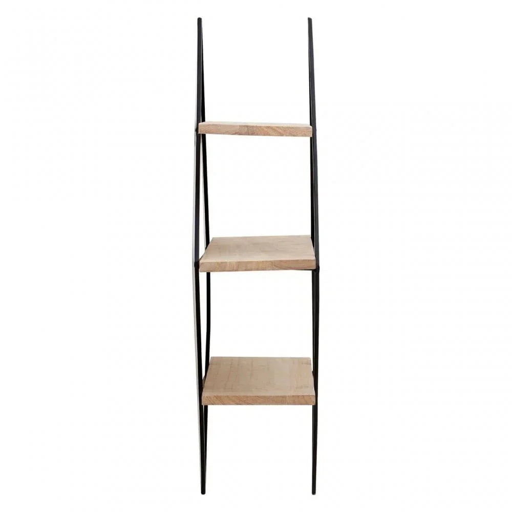 Three tier wooden shelving unit with black metal frame, shown from the front