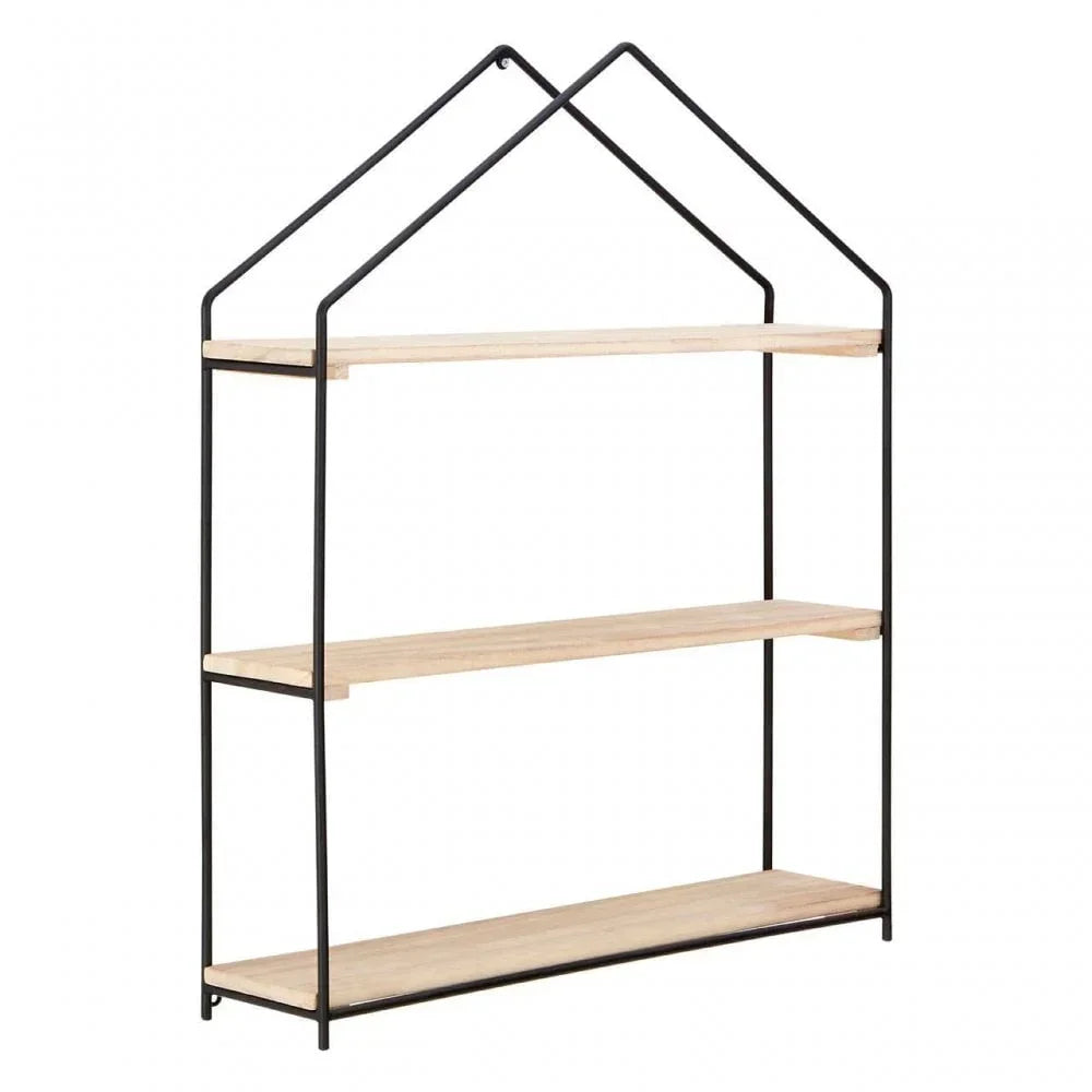 House-shaped wooden wall shelf with black metal frame and three open shelves