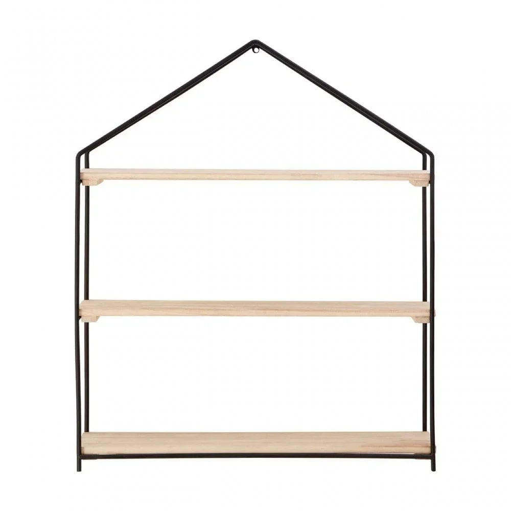 Wall shelf with black metal frame and three light wood shelves in house shape