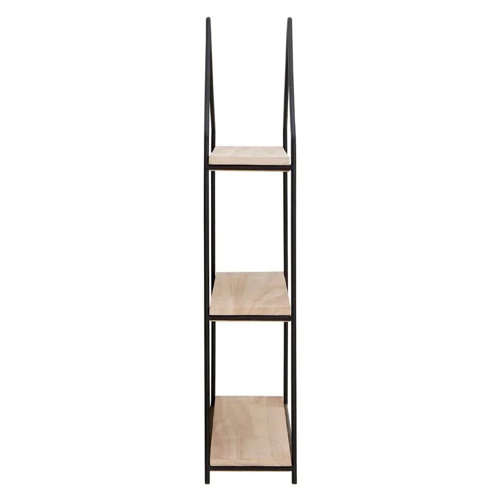 Slim wooden shelving unit with three tiers and black metal frame, side view