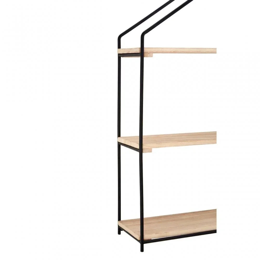 Wooden shelving unit with three shelves and black metal frame, side angle view
