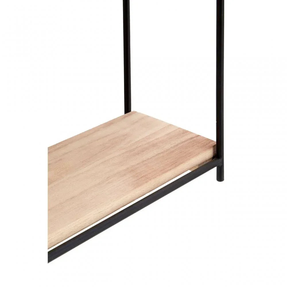 Closeup of wooden shelf with black metal frame, corner detail visible