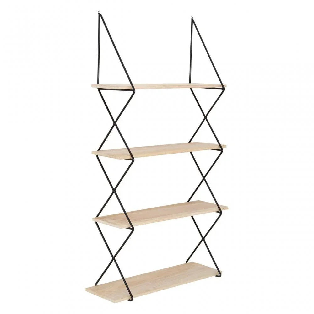 Wall mounted shelving unit with black metal frame and four light wood shelves