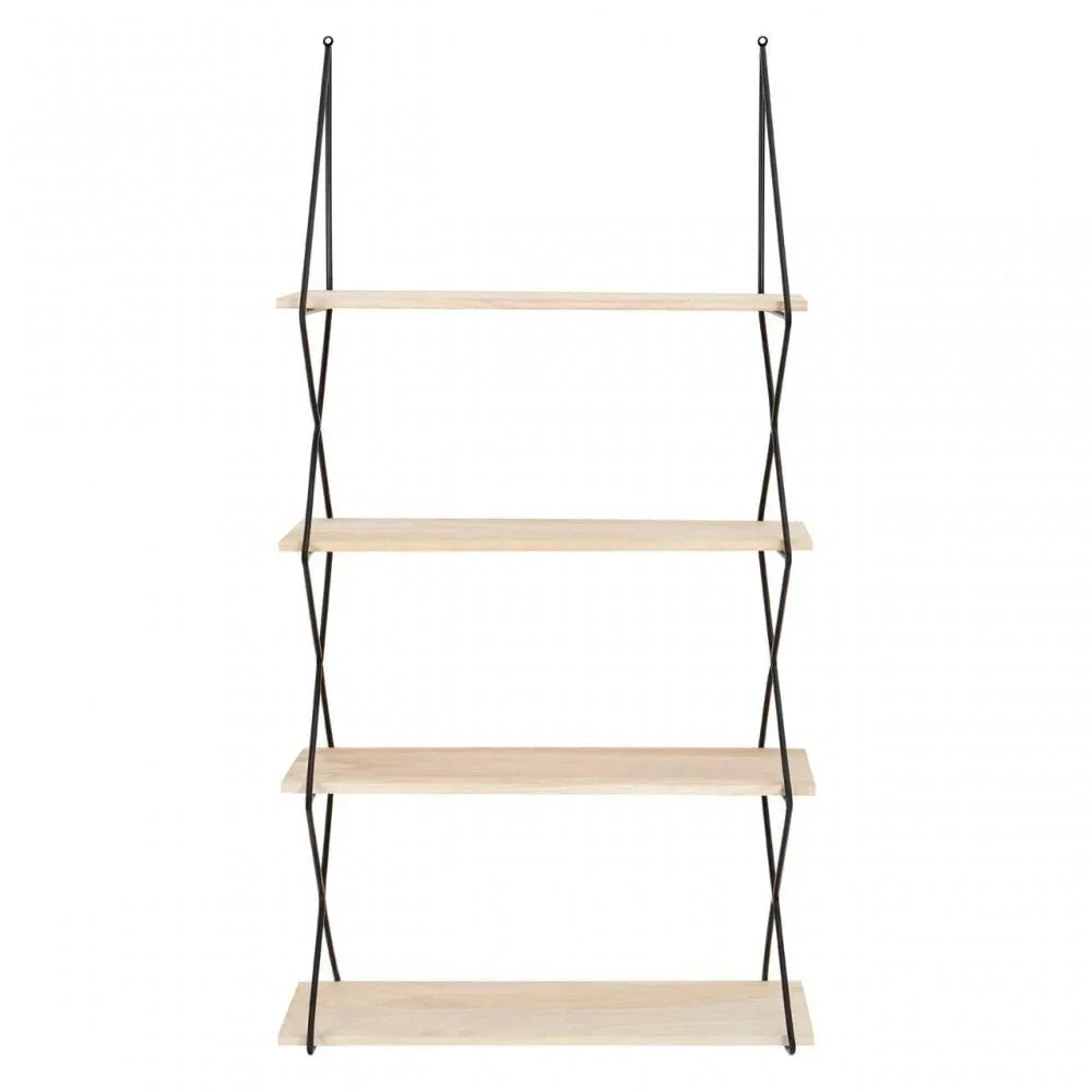 Four tier wooden wall shelf with black metal frame in minimalist style