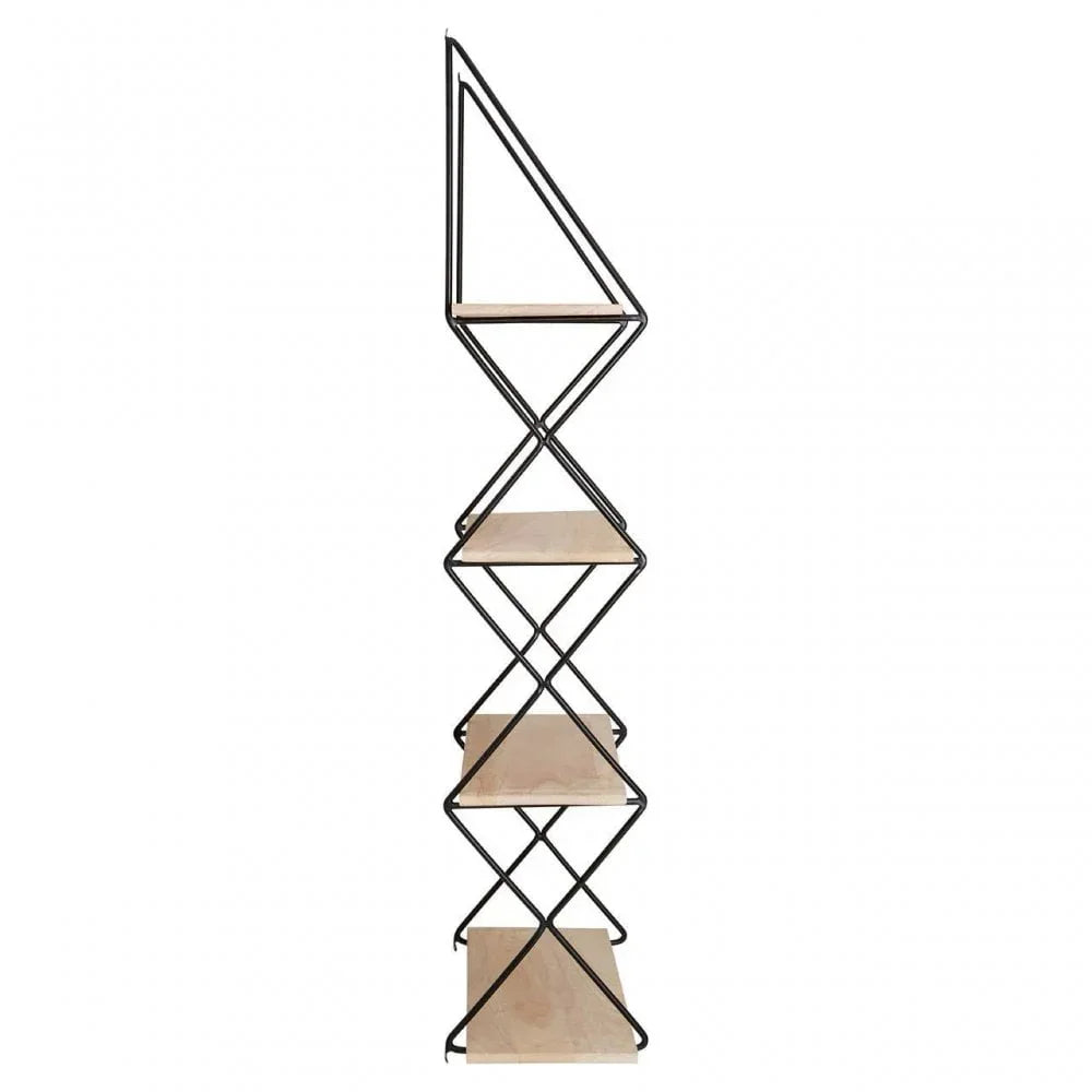 Modern geometric shelving unit with black metal frame and light wood shelves, front view