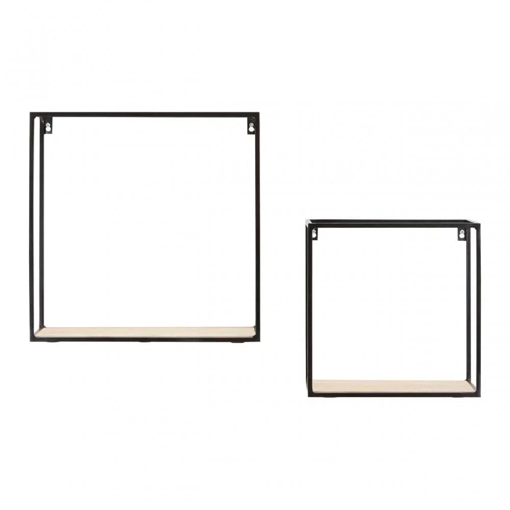 Set of two square metal wall shelves with light wood base, modern floating shelf design