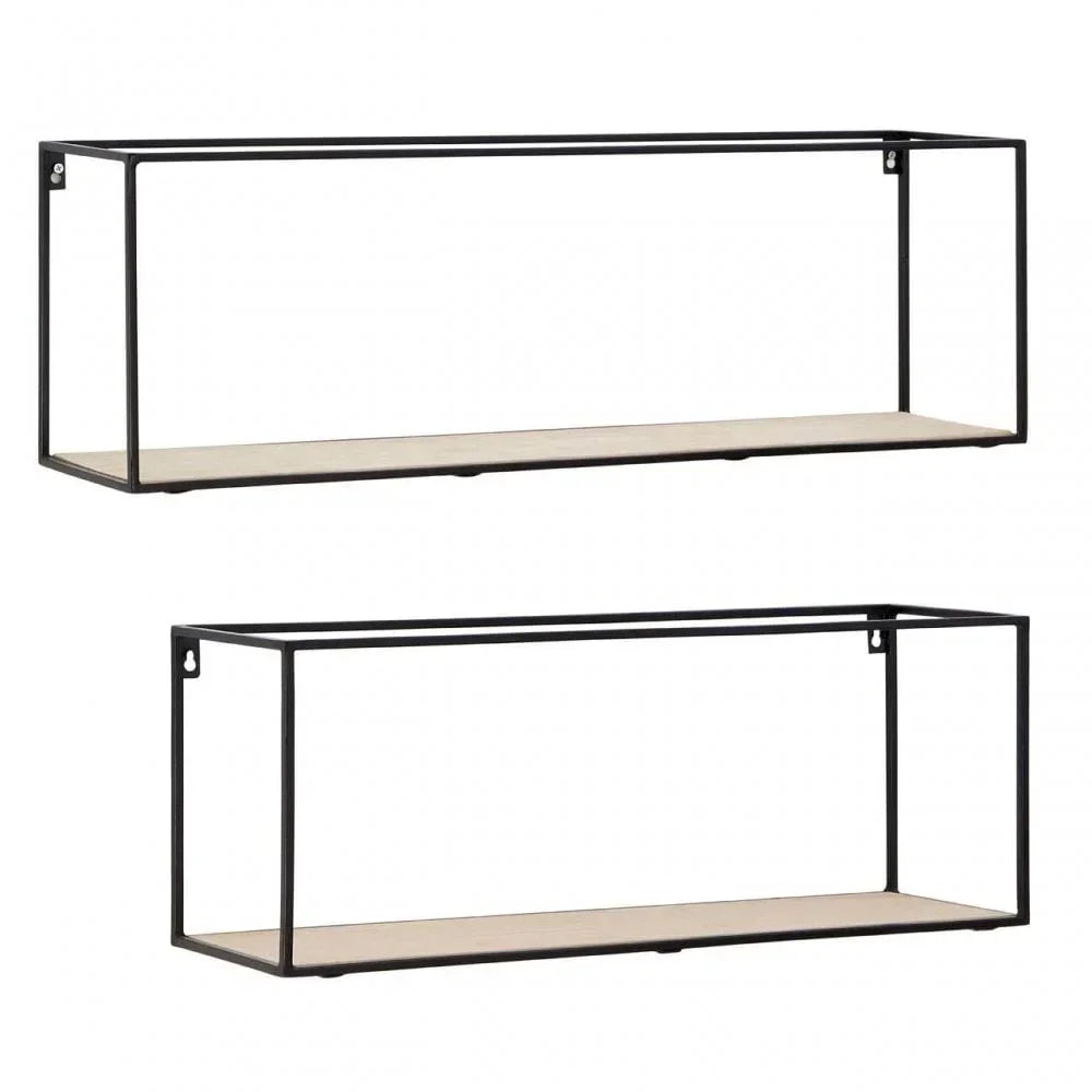 Set of two rectangular wall shelves with black metal frame and light wood base