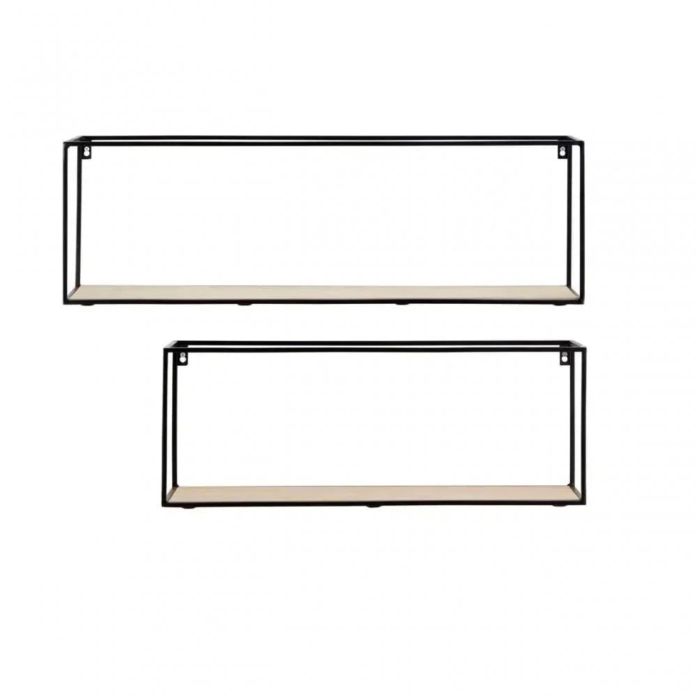 Set of two wall shelves with black metal frame and light wood base, rectangular design