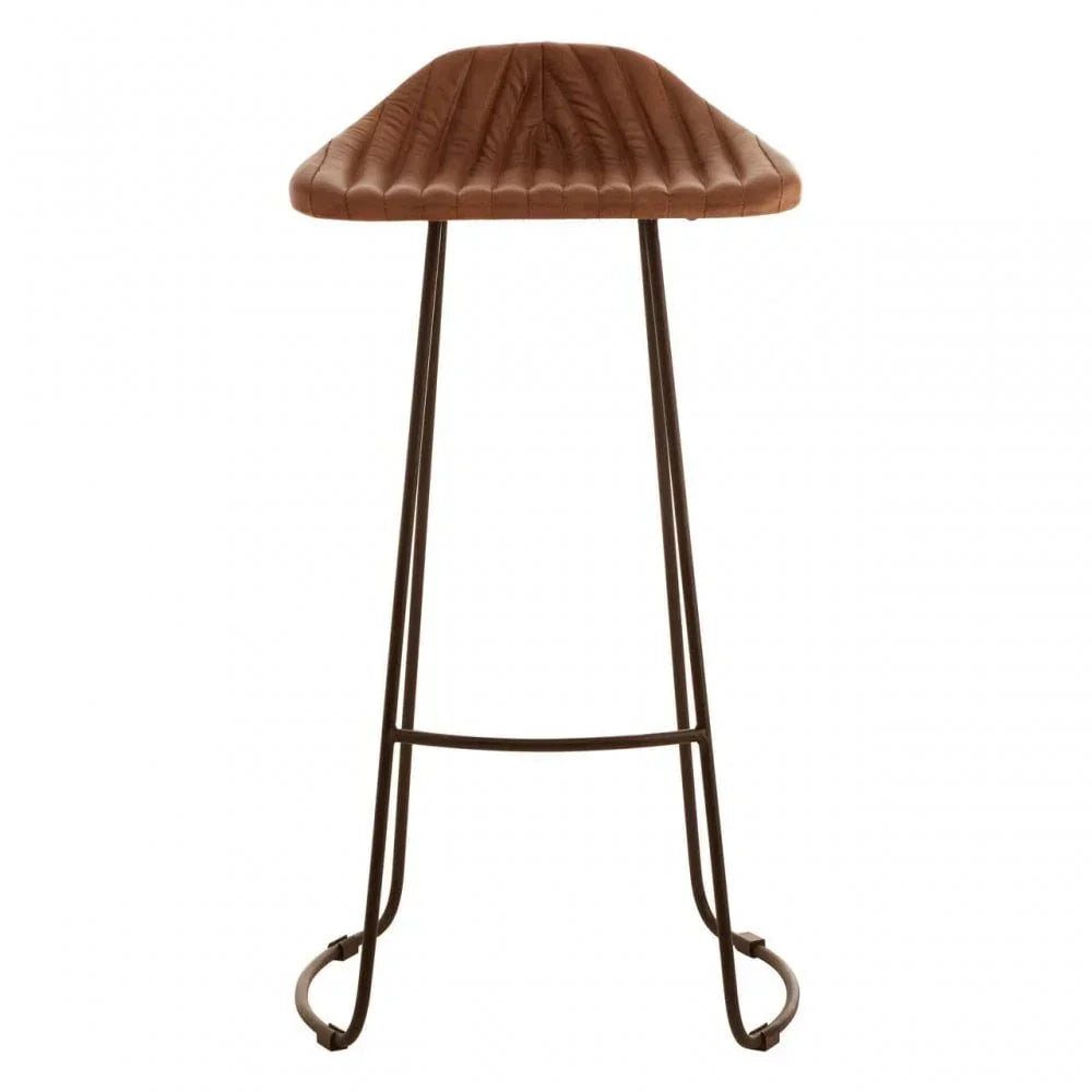 Brown leather bar stool with quilted seat and black metal frame, front view