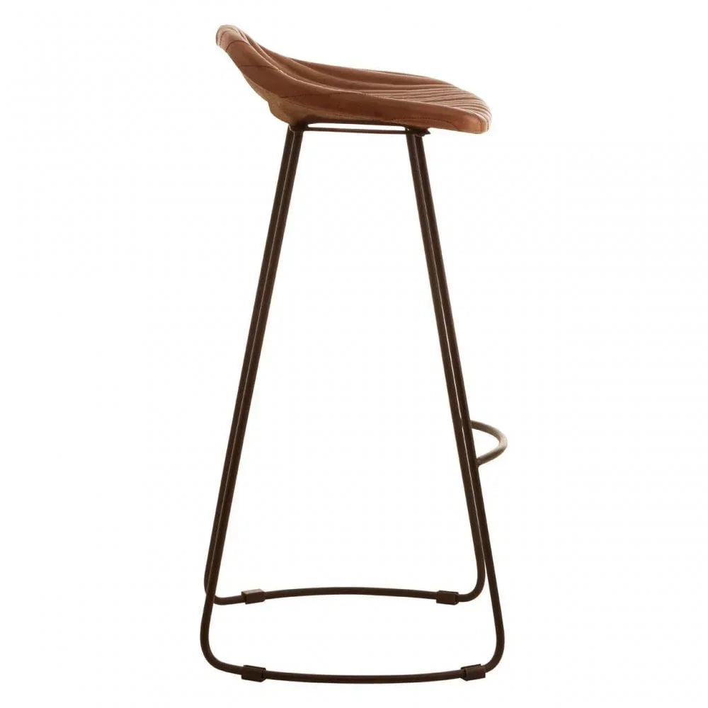Brown leather bar stool with black metal legs and footrest, side profile view